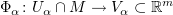 $ \Phi_\alpha\colon U_\alpha\cap M\to V_\alpha\subset \R^m $