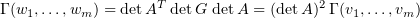 $ \Gamma(\be_1,\ldots,\be_m)=\det A^T \det G\, \det A=(\det A)^2\, \Gamma(\al_1,\ldots,\al_m) $