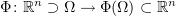 $ \Phi\colon \R^n\supset \Omega\to \Phi(\Omega)\subset \R^n $