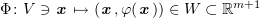 $ \Phi\colon V\ni \xx\mapsto (\xx,\varphi(\xx))\in W\subset \R^{m+1} $